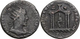 Volusian (251-253). AE 8 Assaria. Antioch mint (Seleucis and Pieria), 251 AD. Obv. Radiate, draped, and cuirassed bust right. Rev. Tetrastyle temple, ...