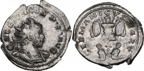 Gallienus, Joint Reign (253-260). AR Antoninianus. Cologne mint. Struck 257/8 AD. Obv. Radiate, draped, and cuirassed bust right. Rev. Trophy of arms;...