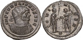 Aurelian (270-275). BI Antoninianus. Serdica mint, 273/4 AD. Obv. Radiate and cuirassed bust facing, head right. Rev. Aurelian standing right, holding...