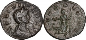 Severina, wife of Aurelian (270-275). AE As, 275 AD. Obv. Draped bust right, wearing stephane. Rev. Juno standing left, holding patera and sceptre; pe...