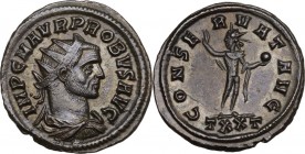 Probus (276-282). BI Antoninianus. Ticinum mint, 276 AD. Obv. Radiate, draped and cuirassed bust right. Rev. Sol standing front, head left, raising ha...