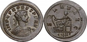 Probus (276-282). BI Antoninianus. Ticinum mint, 279 AD. Obv. Radiate and cuirassed bust right. Rev. Salus seated left, feeding serpent rising from al...