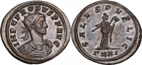 Probus (276-282). BI Antoninianus, 279 AD. Obv. Radiate and cuirassed bust right. Rev. Salus standing right, feeding serpent held in both arms; in exe...