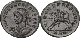 Probus (276-282). BI Antoninianus, Serdica mint. Obv. Bust left, radiate, helmeted. cuirassed, holding spear and shield. Rev. Horseman prancing right,...