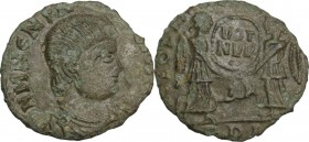 Uncertain Germanic tribes. Pseudo-Imperial coinage. AE 17 mm. Imitation of Magnentius. Mid 4th-early 5th century AD. Obv. Bare-headed, draped, and cui...