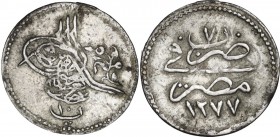 Ottoman Empire. Abdul Aziz (1277-1293 AH / 1861-1876 AD). AR 10 Para. Misr (Cairo), AH 1277/RY 7 (1866). D/ Toughra and value. R/ Mint name and AH dat...