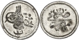 Ottoman Empire. Abdul Aziz (1277-1293 AH / 1861-1876 AD). AR 20 Para. Misr (Cairo), AH 1277/RY 13 (1874). D/ Toughra and value. R/ Mint name and AH da...