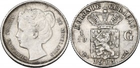 Curacao. Wilhelmina (1890-1948). AR 1/10 of gulden 1901. KM 36. AR. 1.40 g. 15.00 mm. Rare. About EF.