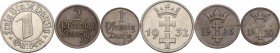 Danzig. Free city. Lot of three (3) coins: gulden 1932, 2 pfennig 1926, pfennig 1930. KM 140, 141, 154. NI, AE.