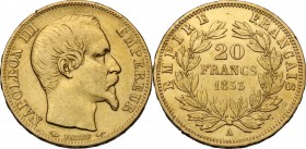 France. Napoleon III (1852-1870). AV 20 Francs, 1853 A, Paris mint. KM 781.1. AV. 6.43 g. 21.00 mm. About EF.