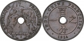 French Indochina. AE Cent 1914 A, Paris mint. KM 12.1; Gad. 8. AE. 5.02 g. 26.00 mm. EF.