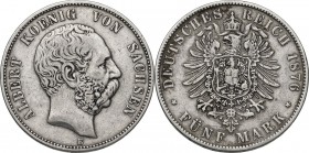 Germany. Albert (1873-1902). AR 5 Mark, Dresden mint, 1876 E. KM 1237. AR. 27.56 g. 38.00 mm. Partly lightly toned. About EF.