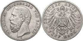 Germany. Friedrich I (1856-1907). AR 5 Mark, Karlsruhe mint, 1893 G. KM 268. AR. 27.76 g. 38.00 mm. Good VF.