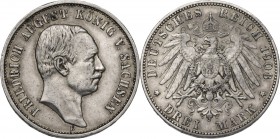 Germany. Friedrich August III (1904-1918). AR 3 Mark, Muldenhütten mint, 1908 E. KM 1267. AR. 16.62 g. 33.00 mm. About EF.