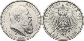 Germany. Luitpold, Prince Regent of Bavaria (1821-1912). AR 3 Mark, Munich mint, 1911 D. KM 998. AR. 16.71 g. 33.00 mm. EF. Commemorative for the 90th...