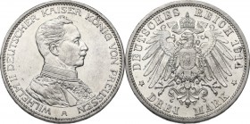 Germany. Wilhelm II (1891-1918). AR 3 Mark, Berlin mint, 1914 A. KM 538. AR. 16.67 g. 33.00 mm. Brilliant and superb. About EF.
