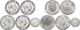 Germany. Lot of five (5) AR denominations, including: 1/2 Gulden 1840, Grand Duke Ludwig II, Hessen 5 Mark 1875 B (Hannover), 1901A and 1903A (Berlin)...