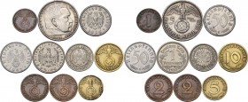Germany. Third Reich. Lot of ten (10) coins: 5 reichsmark 1939 A, reichsmark 1933 E, 50 reichspfennig 1942 B, 50 reichspfennig 1936 A, 50 reichspfenni...