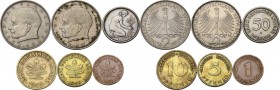 Germany. Federal Republic. Lot of six (6) coins: 2 mark 1958 D, 1958 F, 50 pfennig 1949 D, 10 pfennig 1949 D, 5 pfennig 1949 J, pfennig 1949 D.