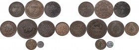 India. Lot of nine (9) AE coins of Princely States to be classified; include coins of Rama Varma VI. AE. 6.69 g. 19.50 mm. About VF/Good VF.
