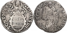 Italy. Paul IV (1555-1559) Giampietro Carafa. AR Giulio, Ancona mint. Berm. 1046. AR. 2.72 g. 26.00 mm. Lightly toned. VF/About VF.
