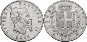 Italy. Vittorio Emanuele II (1861-1878). AR 5 Lire 1869, Milano mint. Pag. 489; Mont. 171. AR. 24.93 g. 37.00 mm. VF.