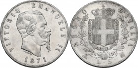 Italy. Vittorio Emanuele II (1861-1878). AR 5 Lire 1871, Milano mint. Pag. 492; Mont. 175. AR. 24.95 g. 37.00 mm. About VF/VF.