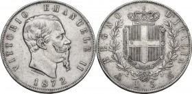 Italy. Vittorio Emanuele II (1861-1878). AR 5 Lire 1872, Milano mint. Pag. 494; Mont. 177. AR. 24.91 g. 37.00 mm. VF.