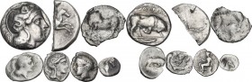 Greek Italy. Multiple lot of six (6) AR unclassified coins, in addiction an interesting halved fourrée Nomos of Tarentum. Noted incuse Drachm of Sybar...