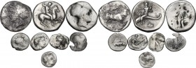 Greek Italy. Multiple lot of eight (8) unclassified AR coins: 3 Staters and 5 Fractions. AR. F:VF.