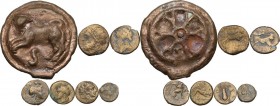 Greek Italy and Roman Republic. Multiple lot of seven (7) AE coins, including AE Cast Semis of Roma/Wheel series. AE. Acidated. F:VF.