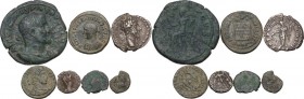 The Roman Empire. Multiple lot of seven (7) unclassified coins: including Valentinian III and Leo I. AR/AE. Interesting. F:Good VF.