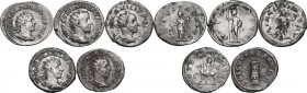 The Roman Empire. Multiple lot of five (5) unclassified AR Antoninianii. AR. About VF:About EF.