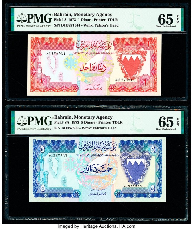 Bahrain Monetary Agency 1; 5 Dinars 1973 Pick 8; 8A Two examples PMG Gem Uncircu...
