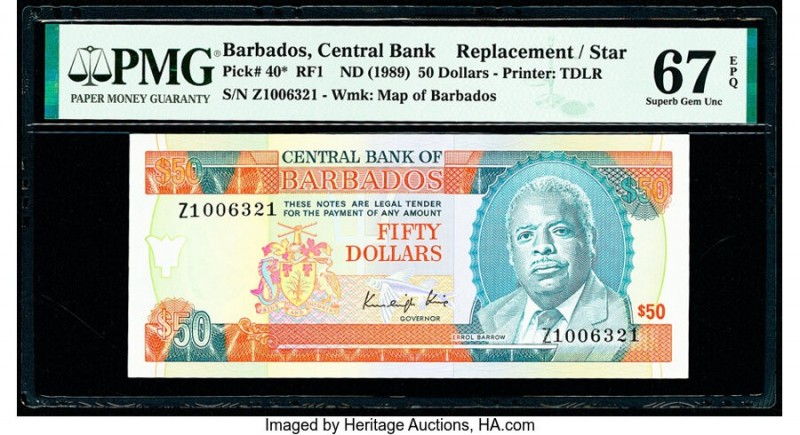 Barbados Central Bank 50 Dollars ND (1989) Pick 40* RF1 Replacement PMG Superb G...