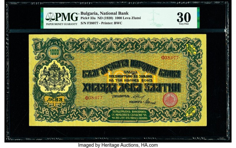 Bulgaria Bulgaria National Bank 1000 Leva Zlatni ND (1920) Pick 33a PMG Very Fin...