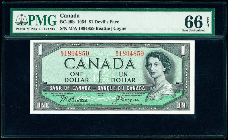 Canada Bank of Canada $1 1954 BC-29b "Devil's Face" PMG Gem Uncirculated 66 EPQ....