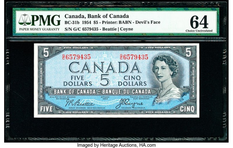 Canada Bank of Canada $5 1954 Pick 68b BC-31b "Devil's Face" PMG Choice Uncircul...