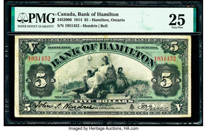Canada Hamilton, ON- Bank of Hamilton $5 1.6.1914 Ch.# 345-20-06 PMG Very Fine 2...