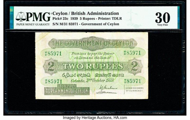 Ceylon Government of Ceylon 5 Rupees 2.10.1939 Pick 23c PMG Very Fine 30. Minor ...