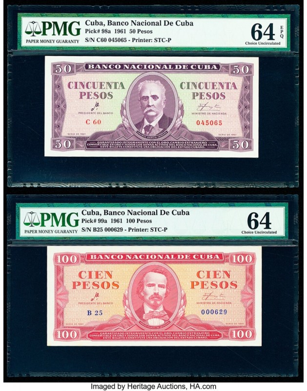 Cuba Banco Nacional de Cuba 50; 100 Pesos 1961 Pick 98a; 99a Two Examples PMG Ch...