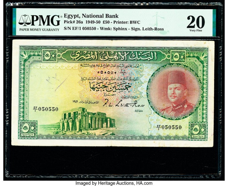 Egypt National Bank of Egypt 50 Pounds 1949-50 Pick 26a PMG Very Fine 20. Annota...