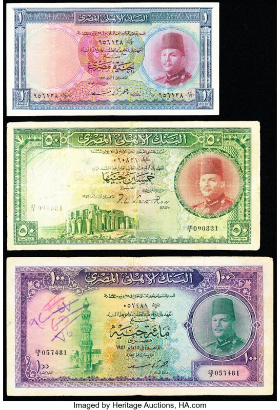 Egypt National Bank of Egypt 1; 50; 100 Pounds 1949-1951 Pick 24b; 26a; 27b Thre...