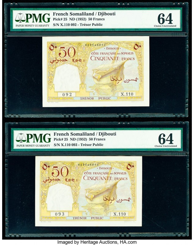 French Somaliland Tresor Public, Djibouti 50 Francs ND (1952) Pick 25 Two Consec...