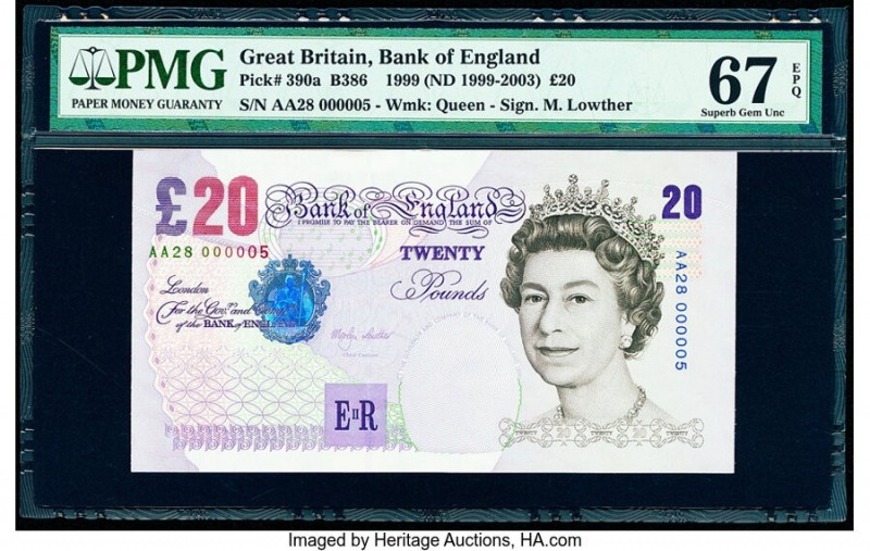 Serial Number 5 Great Britain Bank of England 20 Pounds 1999 (ND 1999-2003) Pick...