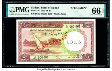 Sudan Bank of Sudan 5 Pounds 1962-68 Pick 9s Specimen PMG Gem Uncirculated 66 EPQ. Roulette Specimen punch and Red Cancelled overprints.

HID098012420...