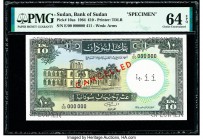 Sudan Bank of Sudan 10 Pounds 1964 Pick 10as Specimen PMG Choice Uncirculated 64 EPQ. Roulette Specimen punch and Red Cancelled overprints.

HID098012...