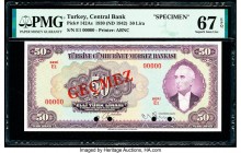 Turkey Central Bank 50 Lira 1930 (ND 1942) Pick 142As Specimen PMG Superb Gem Unc 67 EPQ. Red Gecmez overprints & four POCs.

HID09801242017

© 2020 H...