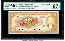 Turkey Central Bank 10 Lira 1930 (ND 1948) Pick 148s Specimen PMG Superb Gem Unc 67 EPQ. Red Gecmez overprints & four POCs.

HID09801242017

© 2020 He...