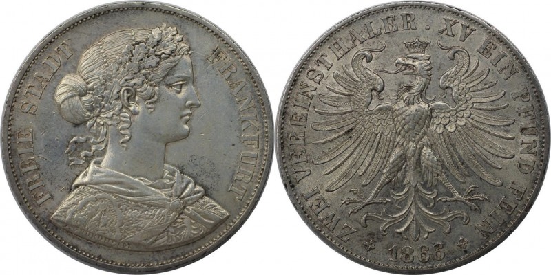 Altdeutsche Münzen und Medaillen, FRANKFURT - STADT. Doppeltaler 1866. Silber. A...